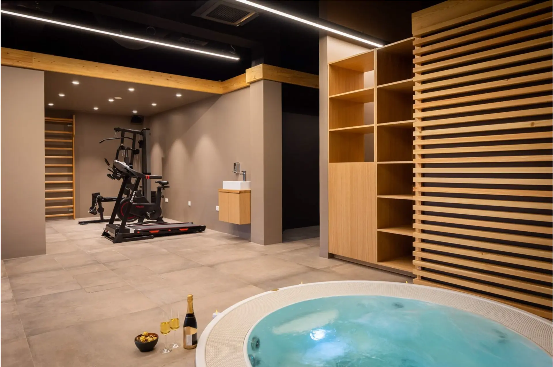 inside hot tub, sauna and a gym