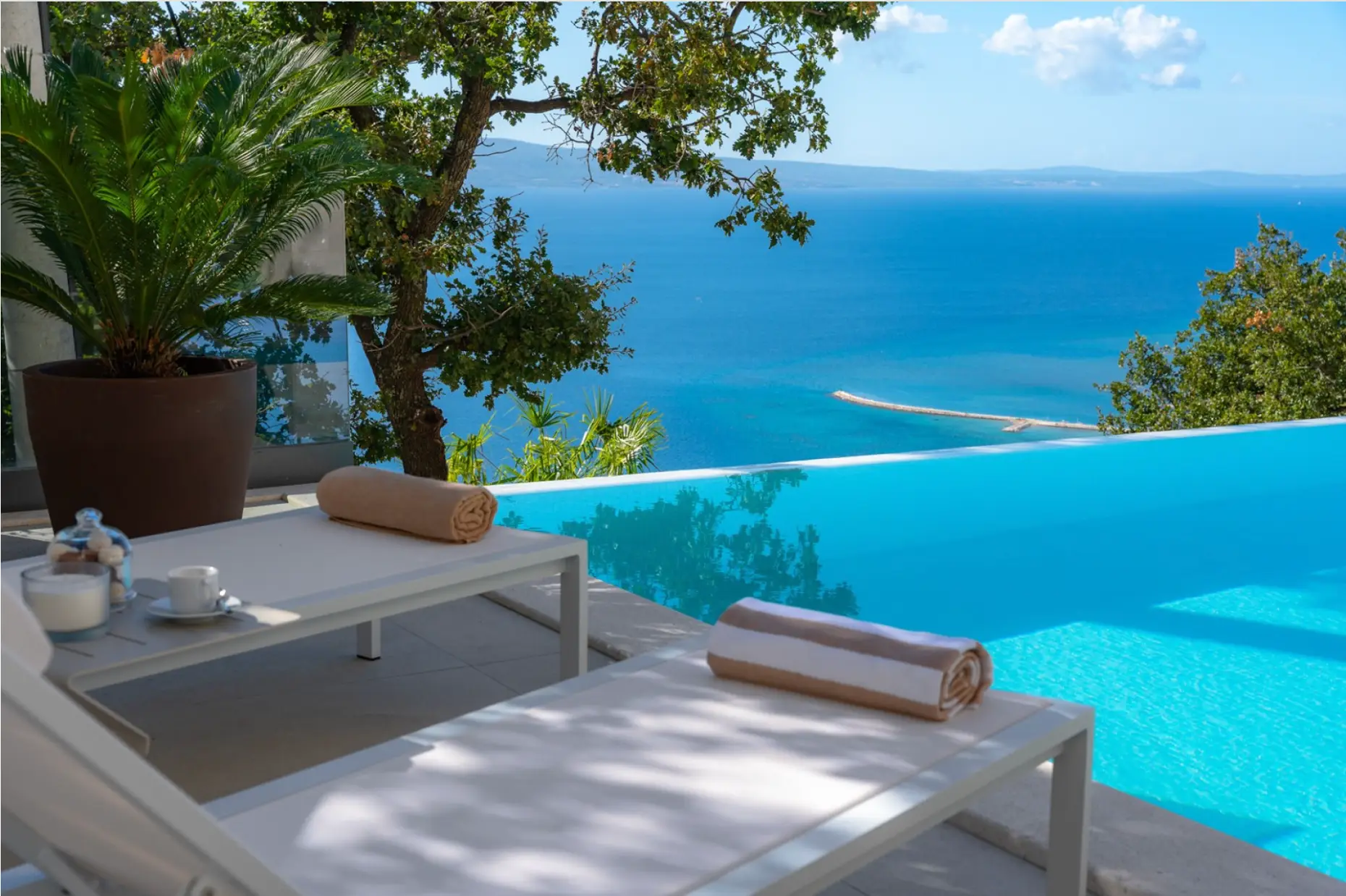 sun loungers by the pool with sea wiev and palm tree on left side