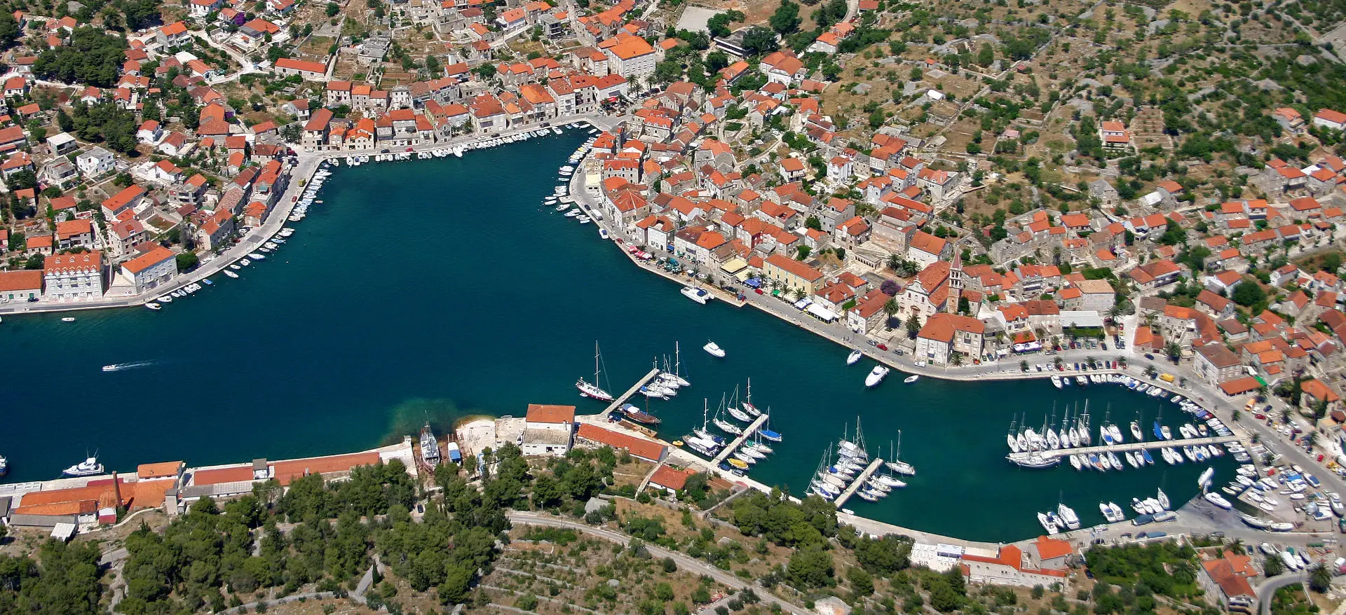 aerial view of a seafront town