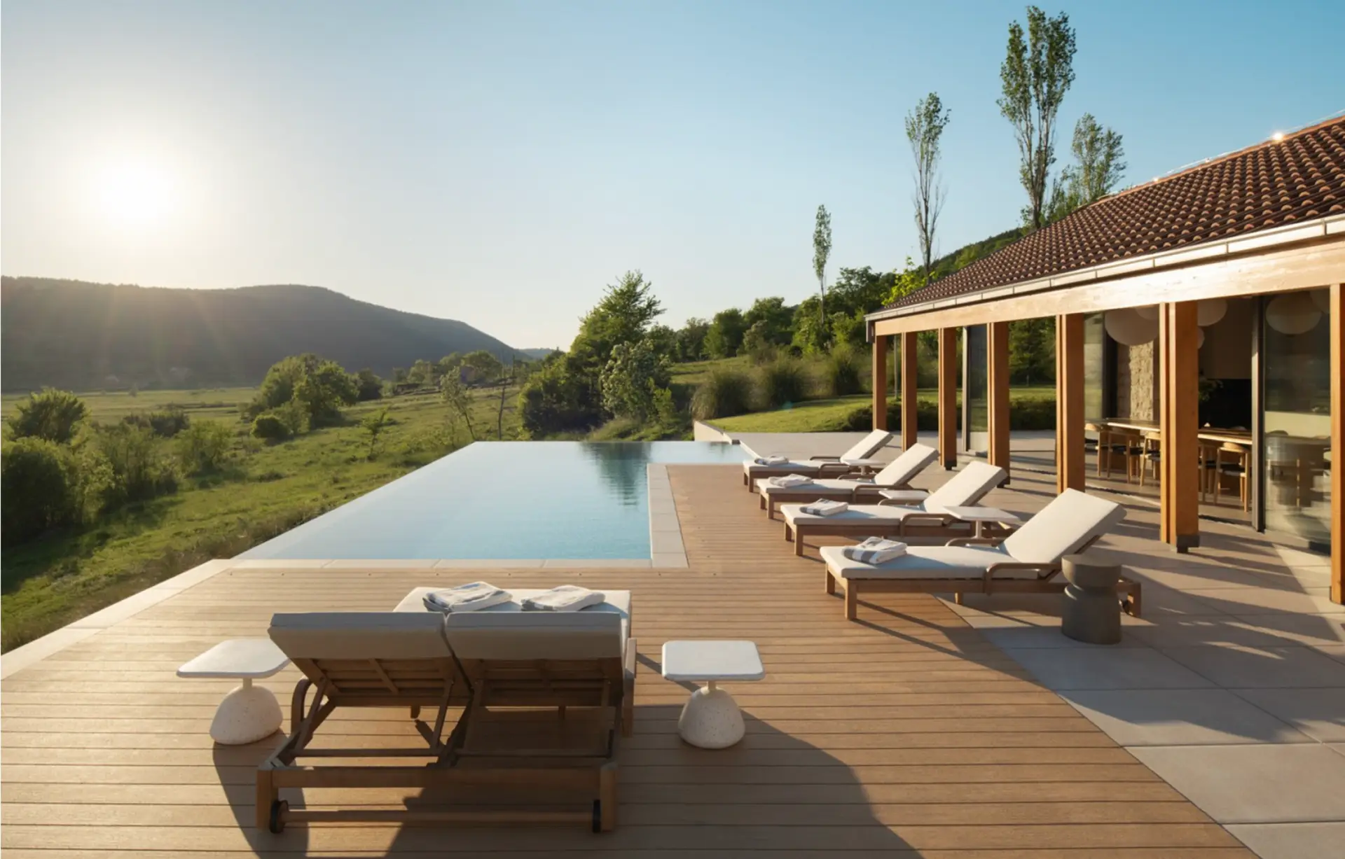 lounge area with pool surounded by woods