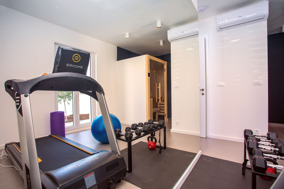 fitness equipment next to the sauna with shower
