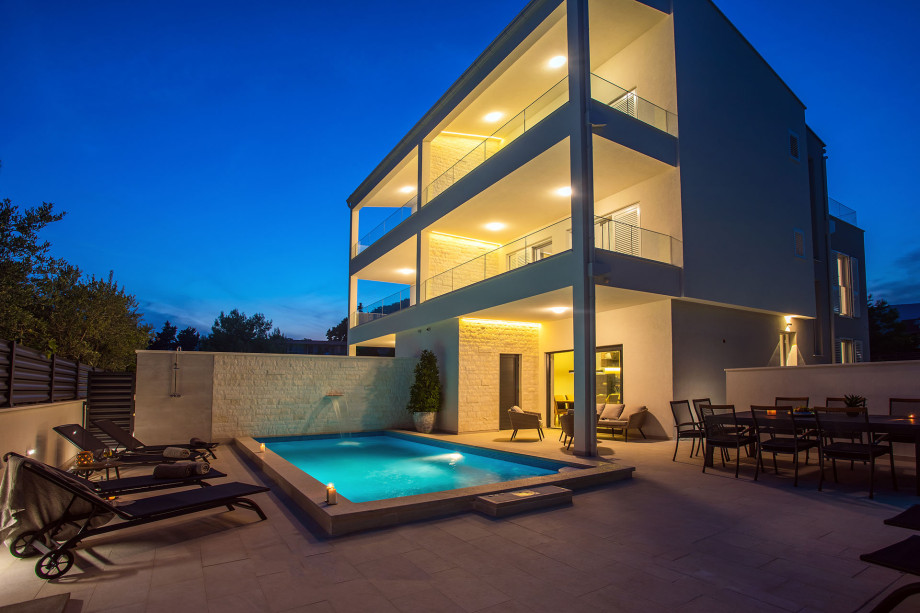 Seafront Villa Petra in the evening with beautiful lights