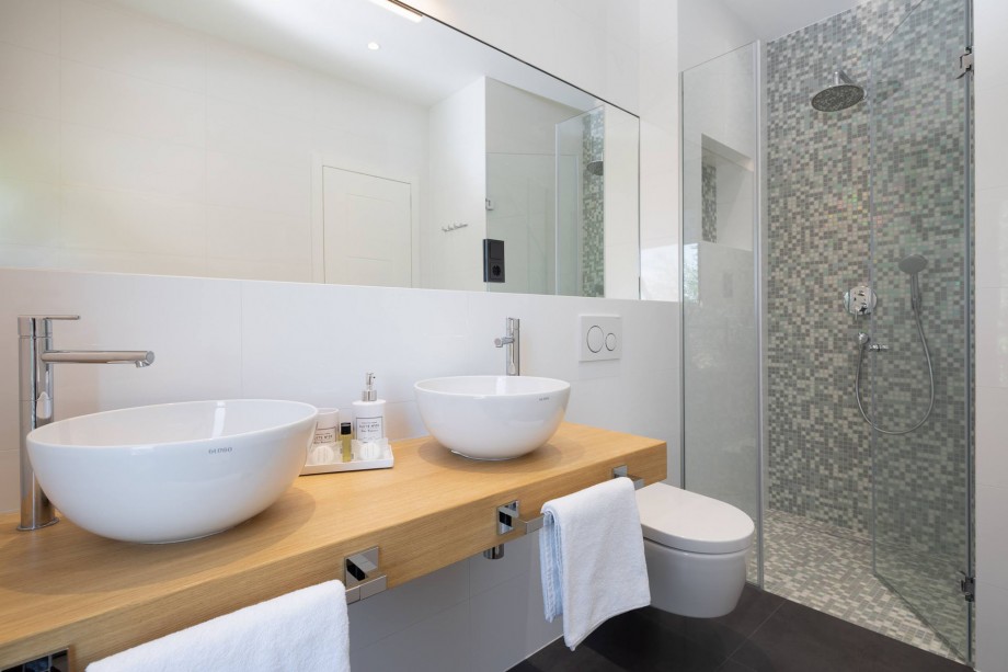Ensuite bathroom in Bedroom No3 with shower and two sinks
