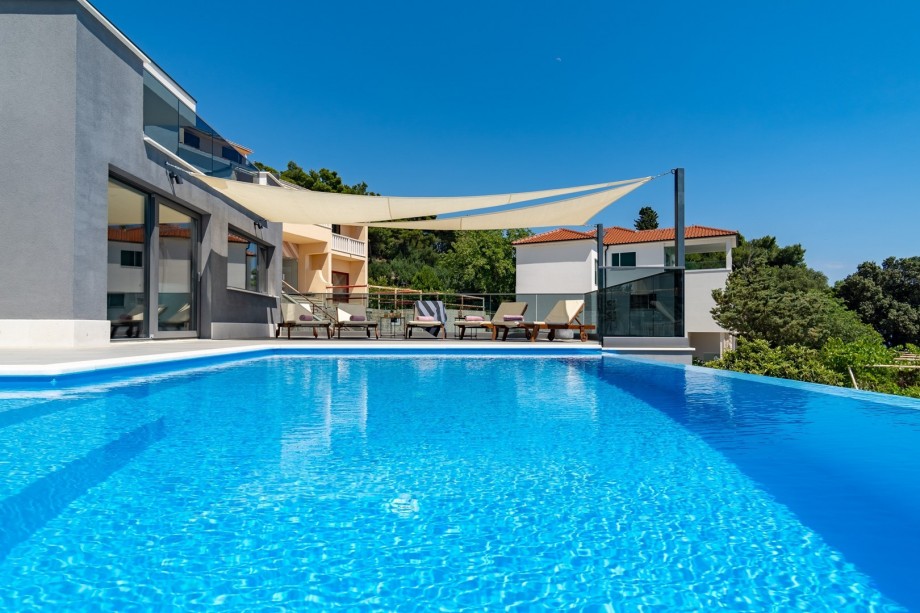 Private 32sqm heated pool with 6 lounge chairs