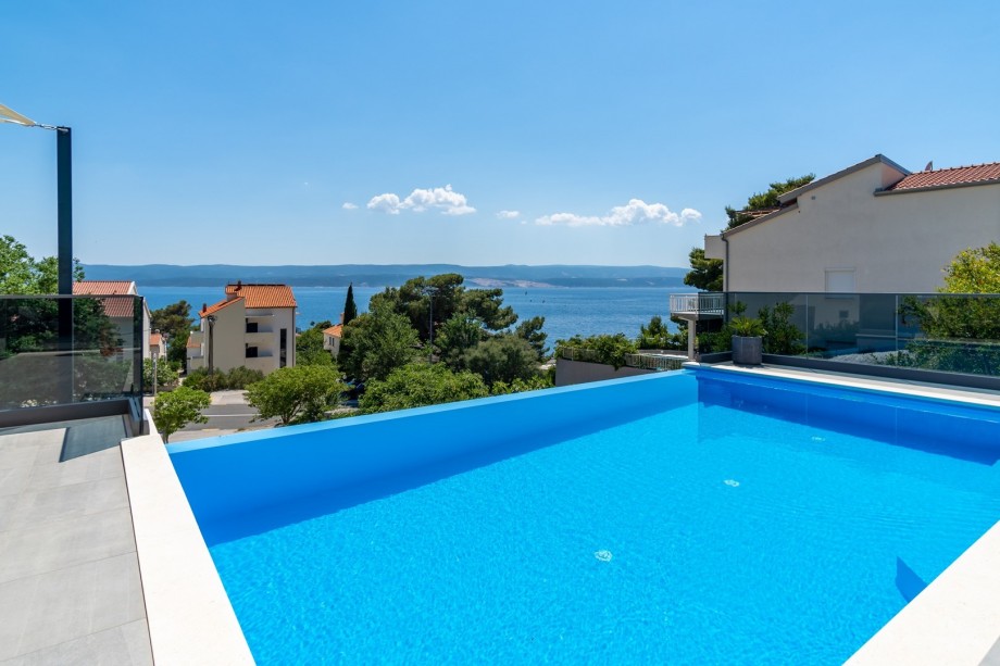 Private 32sqm heated pool with 6 lounge chairs and outdoor furniture