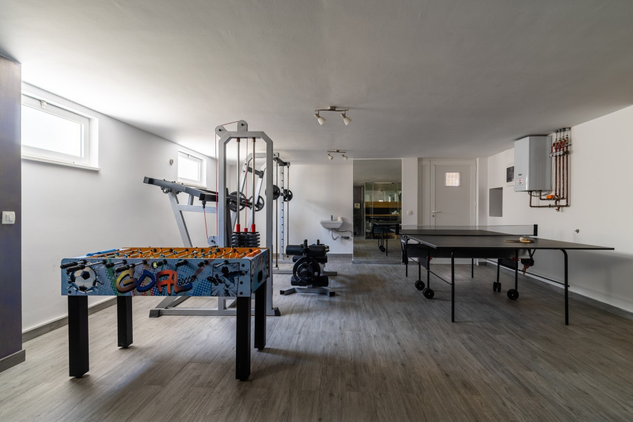 table soccer next to the outdoor dinning area