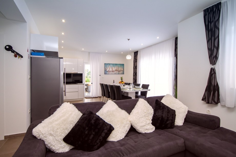 Living and dining area with a table for 12 persons, fully equipped kitchen