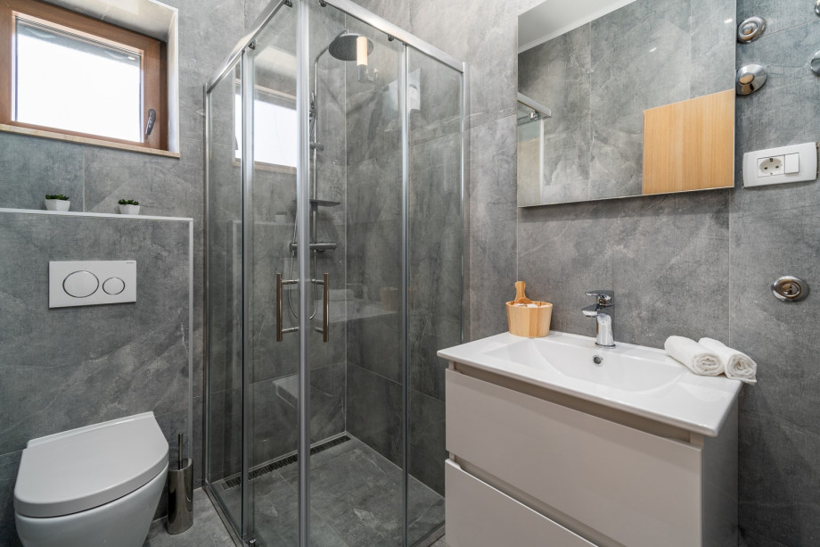 Family bathroom with a shower and a toilet.