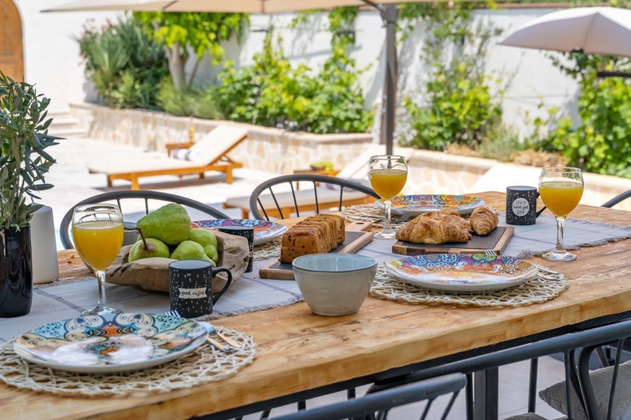 There is a traditional barbecue, a stove and a lounge area with natural shade behind the house