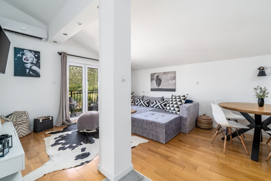 A living room with a sofa, Air-condition, and a flat-screen TV
