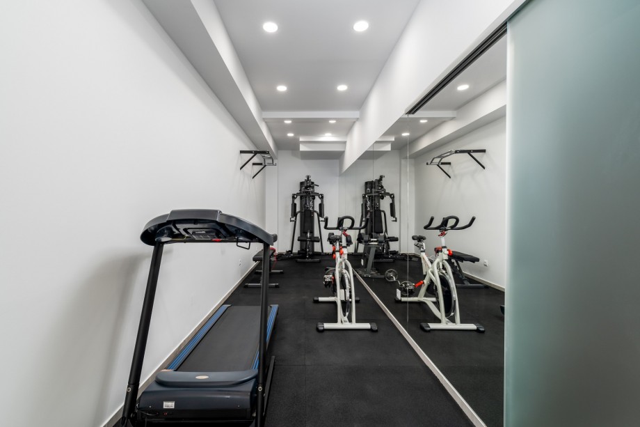 Gym with treadmill, multifunction workout machine, exercise bike, weights