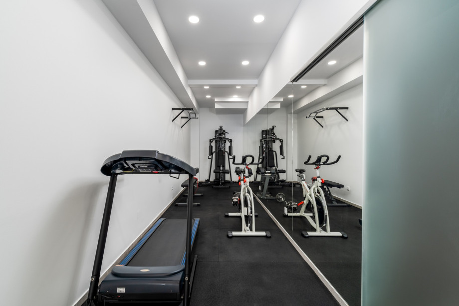 Gym with treadmill, multifunction workout machine, exercise bike, weights
