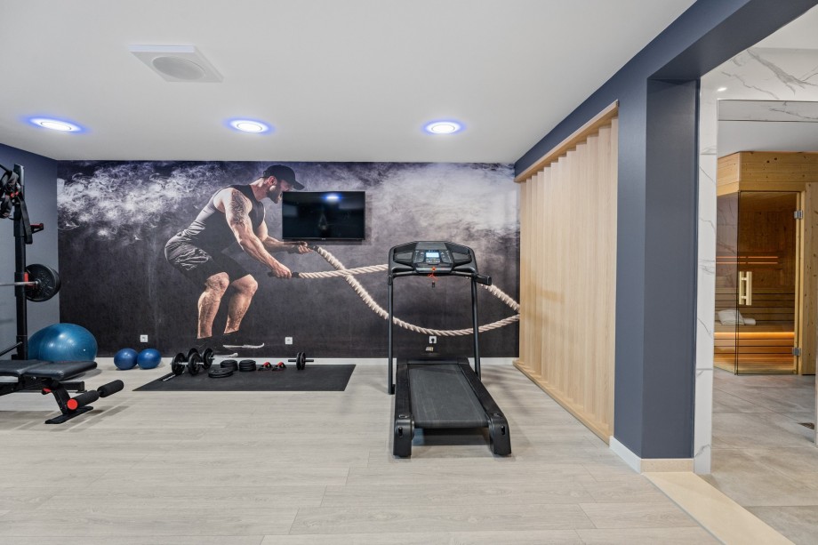 Treadmill, surround system a Finnish sauna, bathroom with shower