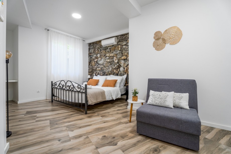 Bedroom No2 with double bed and a sofa bed and en-suite bathroom