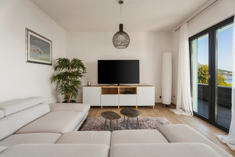Living area with TV, video library and Playstation5