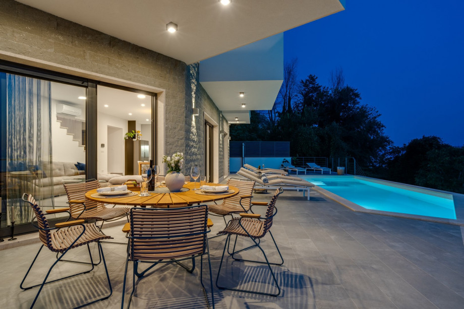 outdoor dining area at night