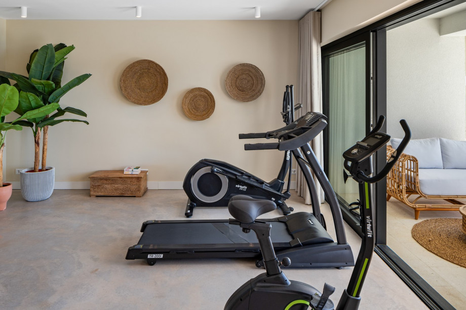 A gym that includes a cross-trainer, treadmill, Ergometer home trainer, and Pilates equipment