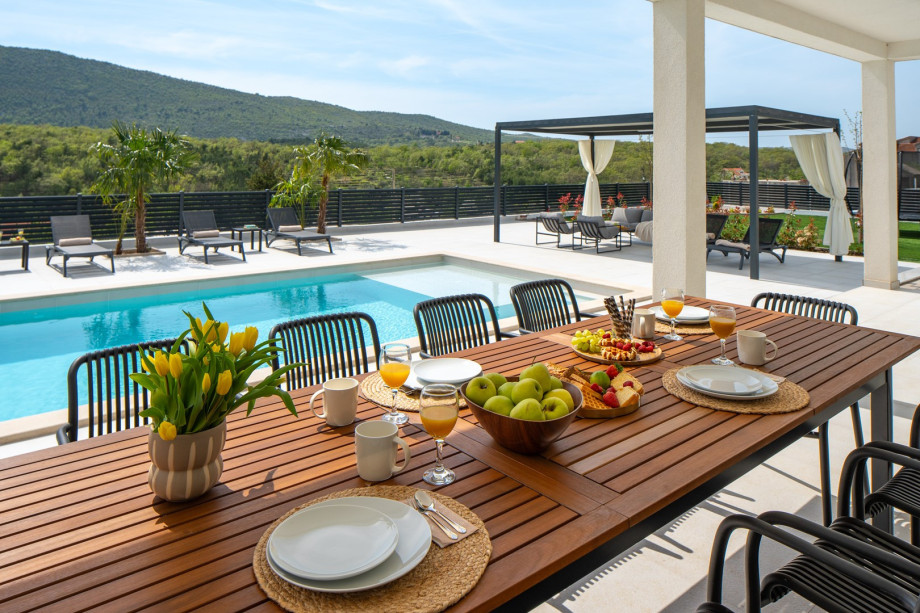 A covered outdoor dining table with seating for ten people