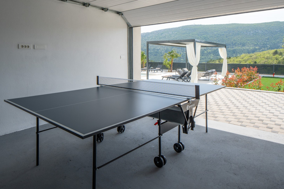 an air conditioned garage area with a table tennis next to the pool
