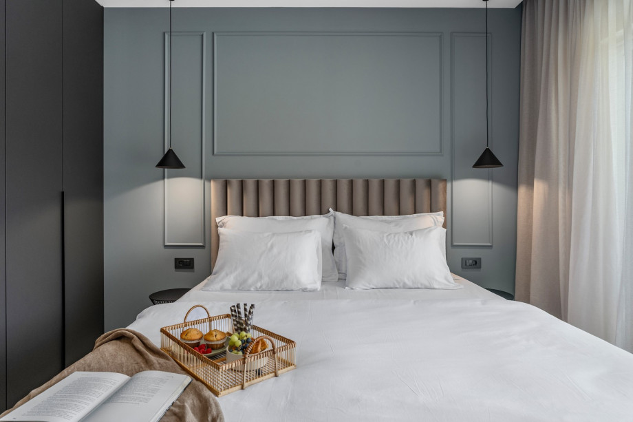 Bedroom NO3 with a king-size bed, A/C, TV, balcony overlooking the pool and surrounding landscape, and en suite bathroom with a shower.