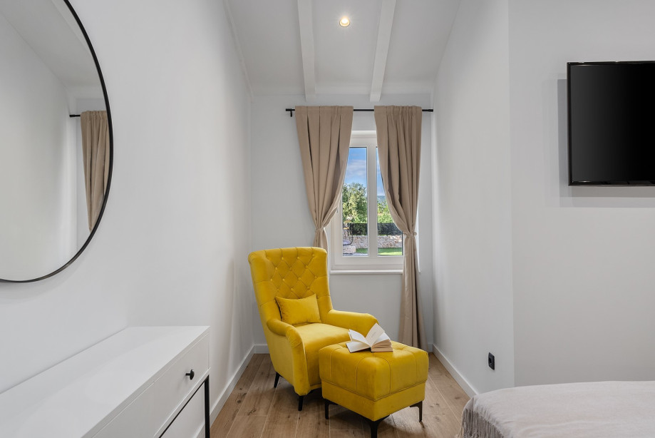 A reading corner with sofa