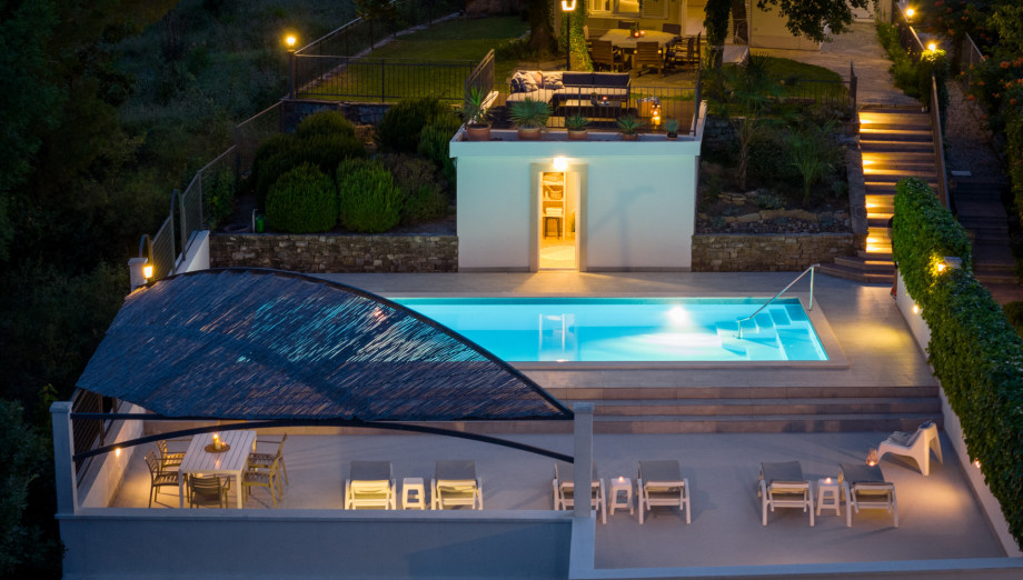 Deck area, swimming pool and the sauna room