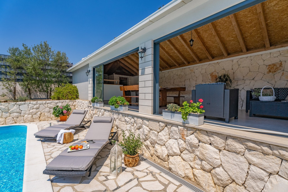 Private pool with covered dining and sitting area