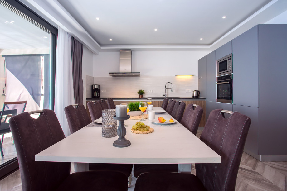 Modern and fully equipped kitchen with all needed devices and huge dining table