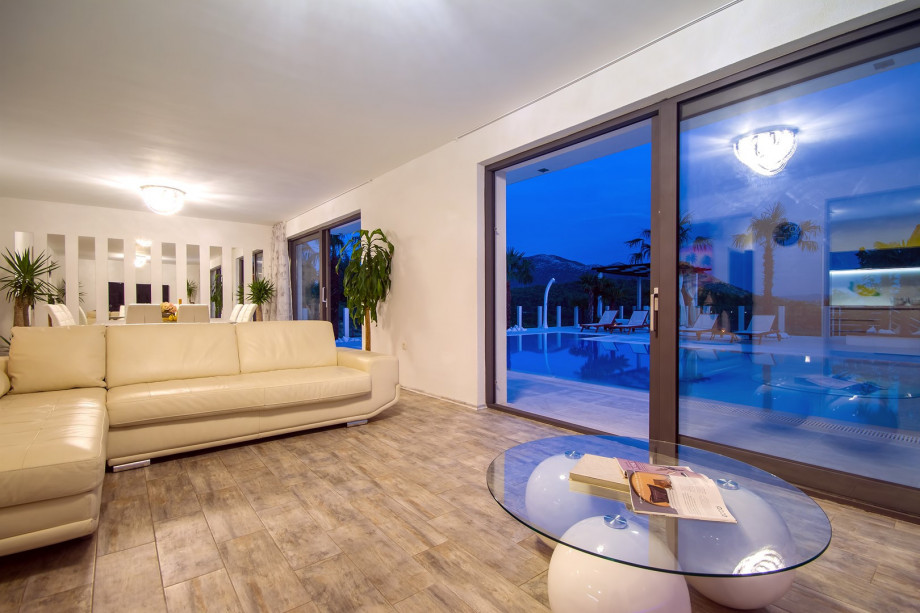 Living room with night view on outside area