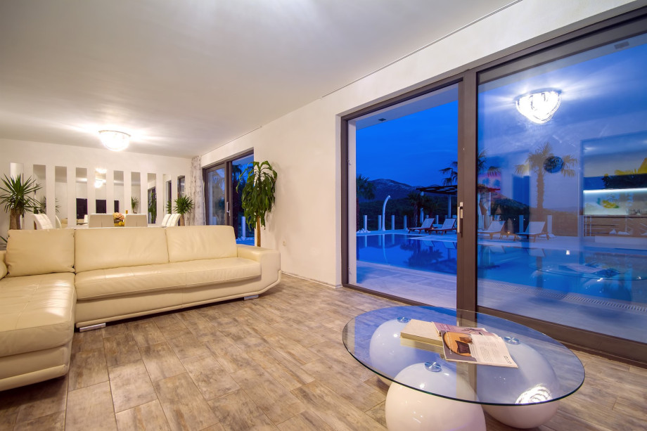 Living room with night view on outside area