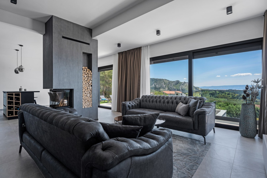 a fully air-conditioned stylish living room with two sofas (both convertible into beds if needed), a fire place, a flat screen TV, a free WiFi