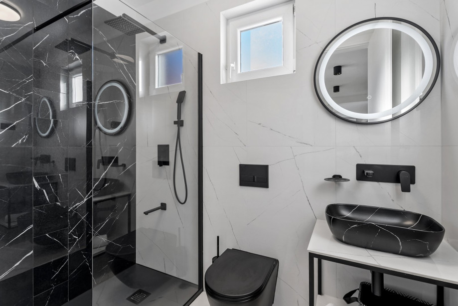 A family bathroom with a shower, 1st floor, living area