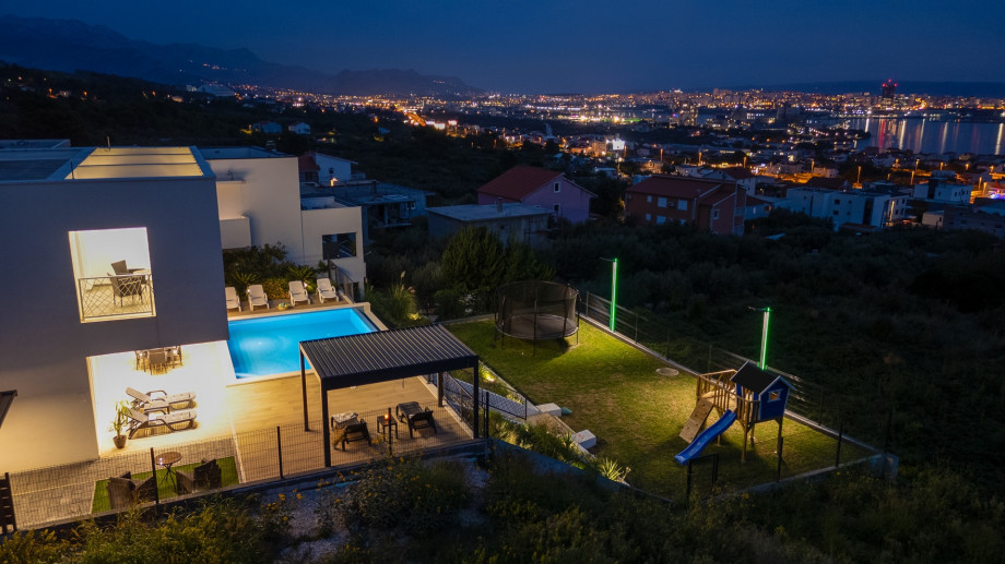 Night view of the villa and outside area