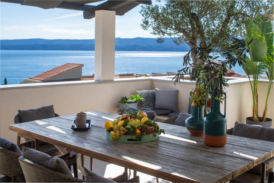 An outdoor dining area with a dining table for 8 people with a barbecue, a TV and a fridge
