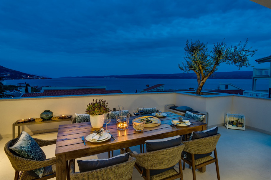 Outdoor dining area in the evening