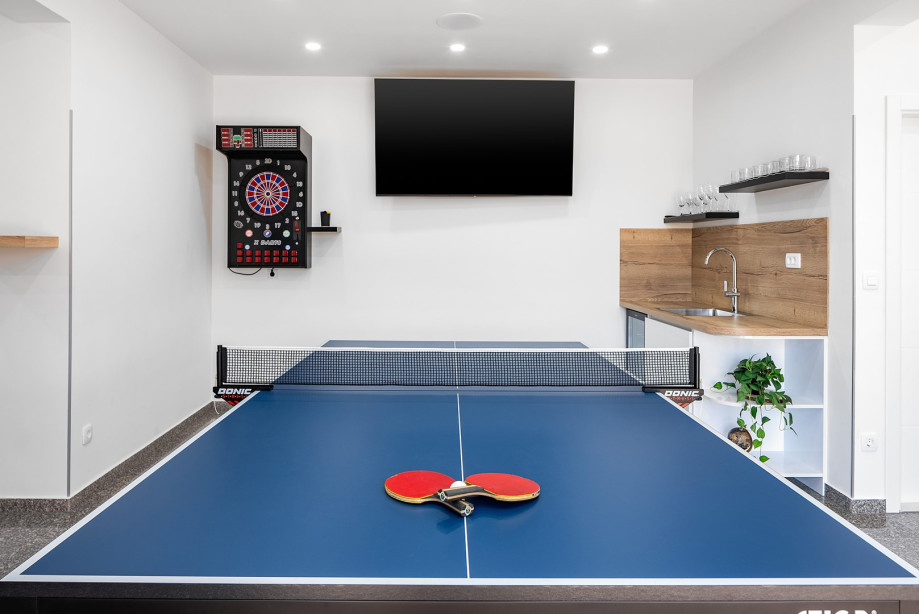 Billiards, darts, table tennis, kitchenette and toilet