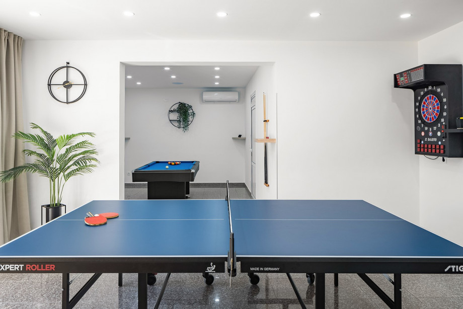 Billiards, darts, table tennis, kitchenette and toilet