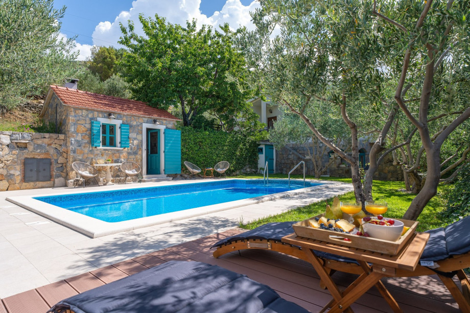 Summer kitchen with traditional grill next to the pool