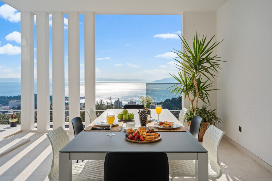 The outdoor offers a covered terrace equipped for an all-day stay, socializing, and consumption of food and drinks.