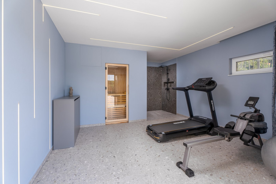 Room with Finnish sauna, a treadmill and some fitness equipment