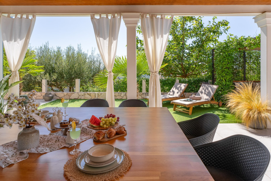 The covered outdoor dining area