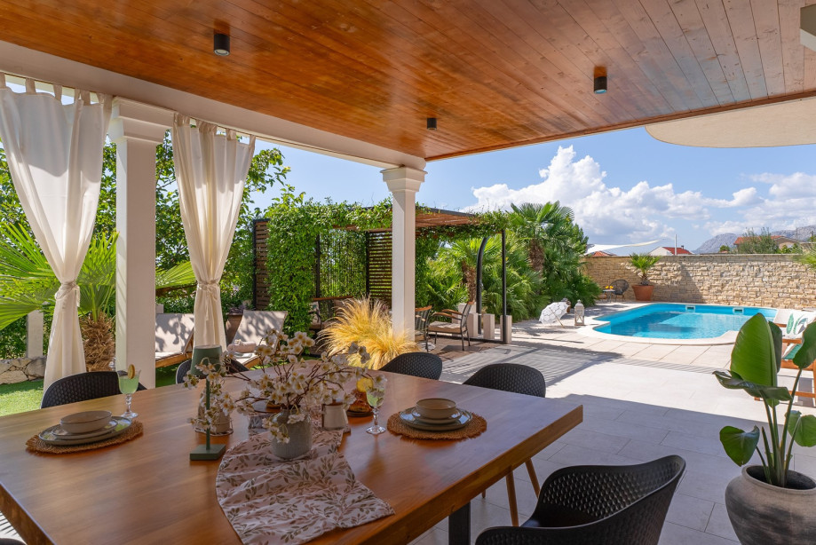 The covered outdoor dining area