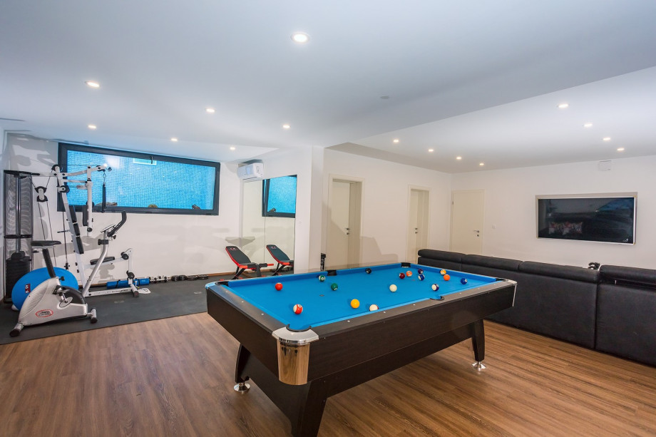 billiard table, Bluetooth speakers, a multifunctional machine, exercise bike in the basemant