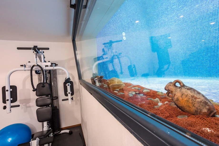 In the basement ,there is a glass wall, and view into the pool.