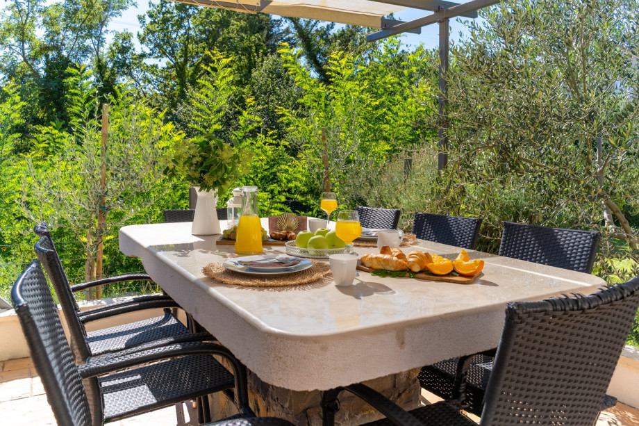 Covered outdoor dining area with a gas barbecue