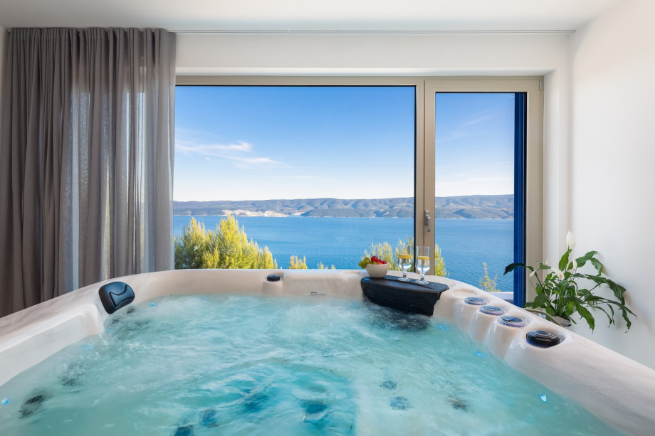 an indoor whirlpool (Hot-Tub), a Finnish sauna, a bathroom with a shower, a TV, and a kitchenette