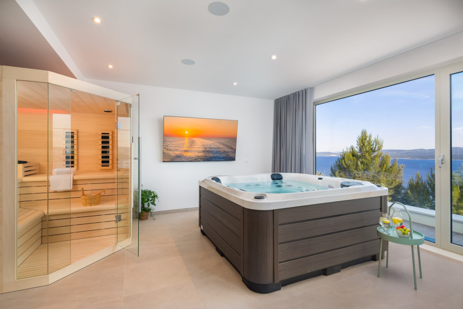 an indoor whirlpool (Hot-Tub), a Finnish sauna, a bathroom with a shower, a TV, and a kitchenette