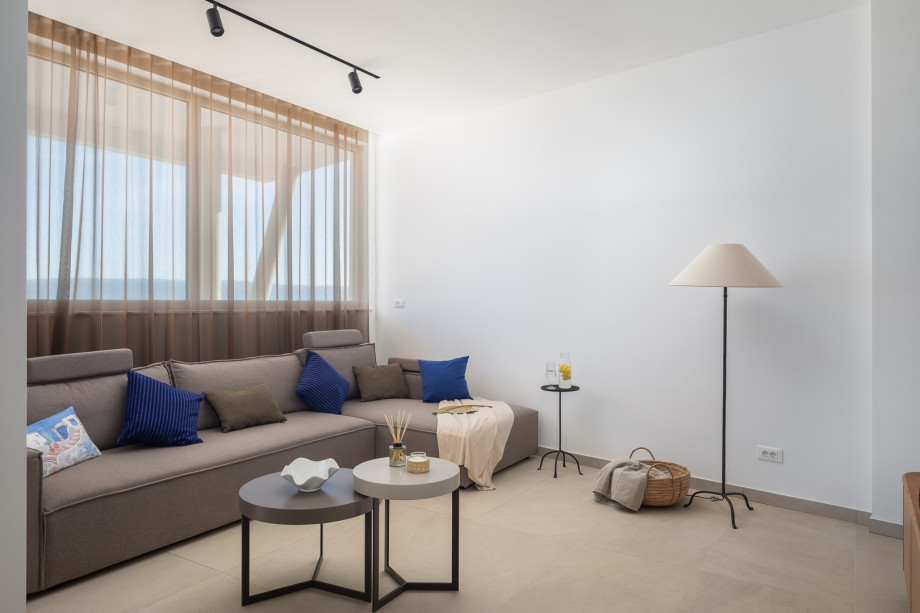 Fully furnished living area with sofa, a projector with the receiver (as a TV)