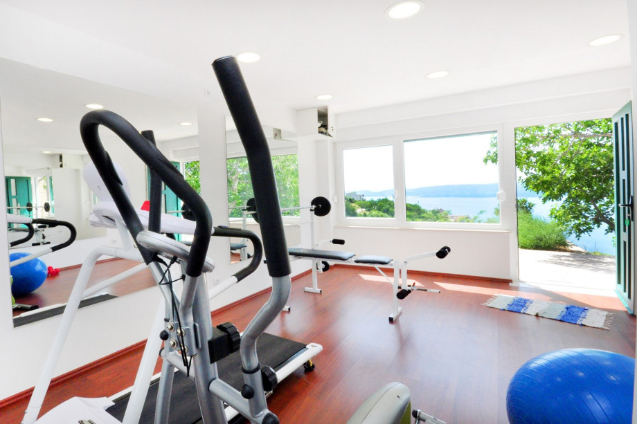 Gym with an exercise bike, stepper, bench, pilates ball