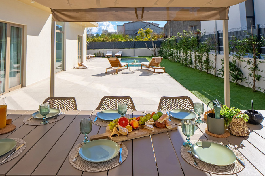 Shaded outdoor dining area